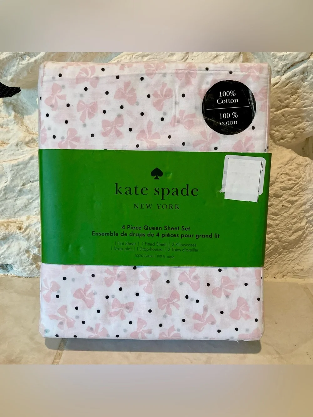 NEW Kate spade queen sheet set in “holiday bows” pattern- “ballet pink“ color